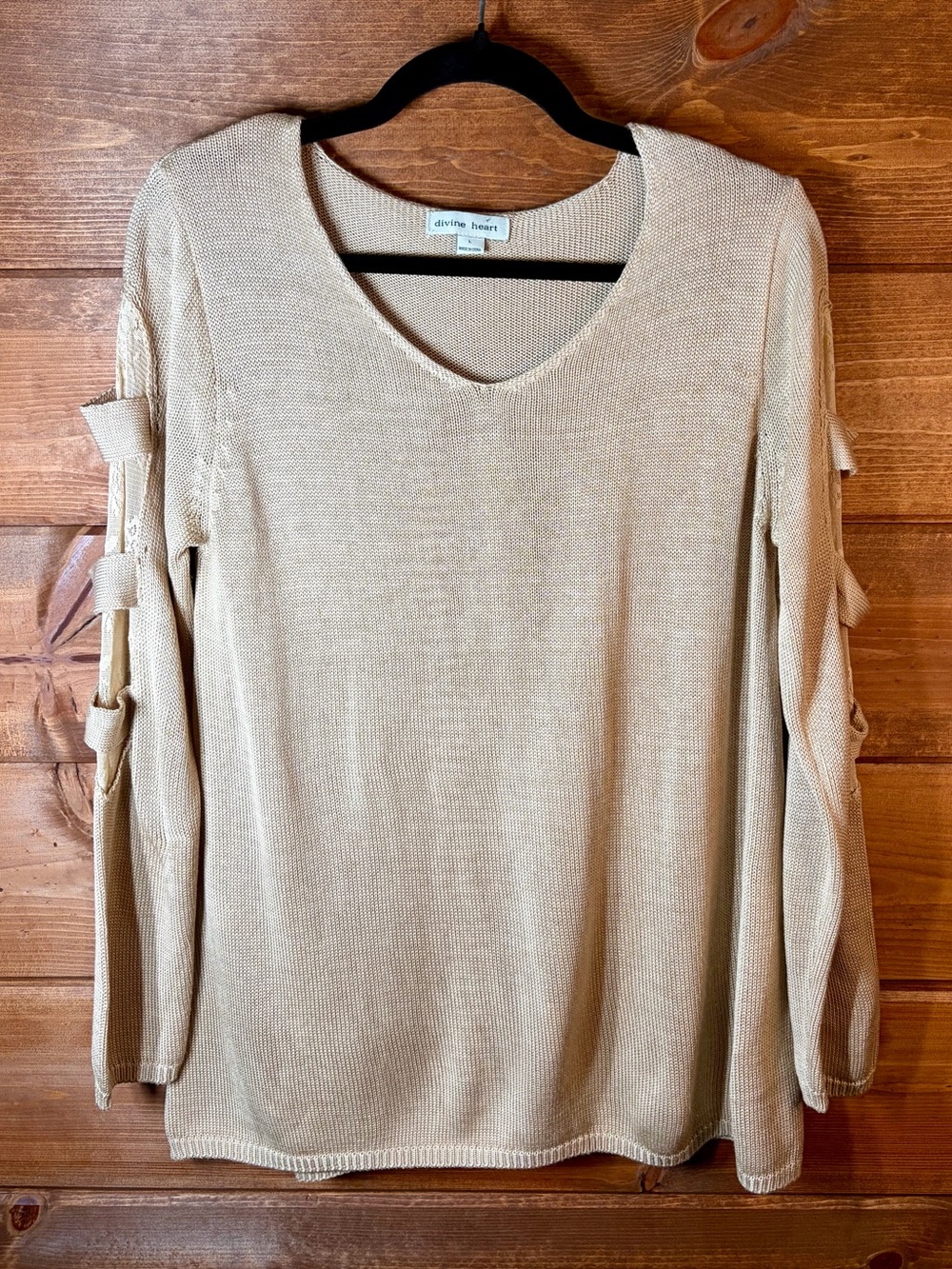 Divine Heart Tan Neutral Scoop Neck Lace-Sleeve Sweater Size Large 💕